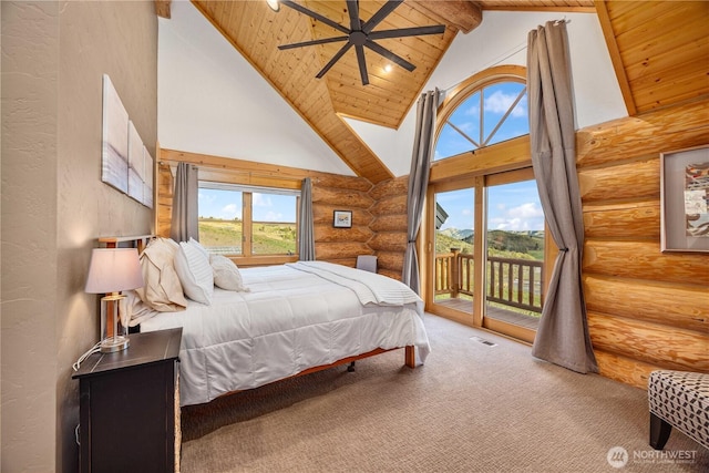 bedroom featuring carpet flooring, high vaulted ceiling, access to exterior, wooden ceiling, and rustic walls