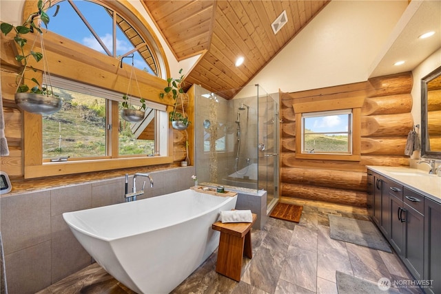 full bath with log walls, recessed lighting, a soaking tub, wood ceiling, and a stall shower