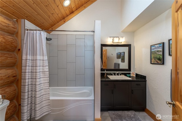 full bath featuring tile patterned flooring, vanity, shower / bathtub combination with curtain, wood ceiling, and vaulted ceiling