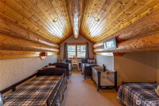 bedroom with wood ceiling, a textured wall, lofted ceiling, and light colored carpet