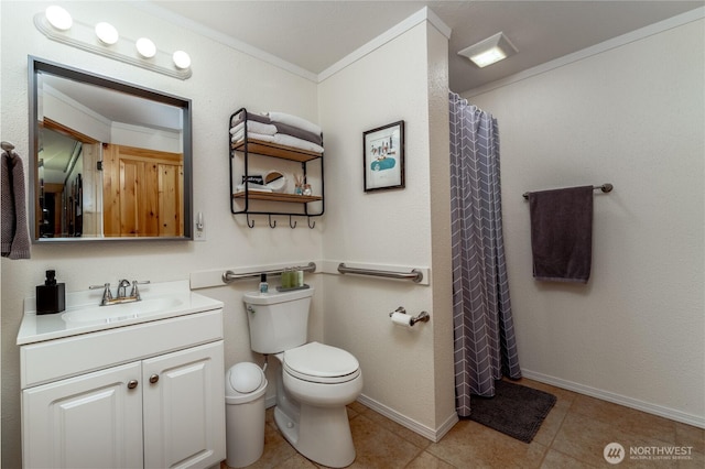 full bathroom with crown molding, tile patterned flooring, vanity, toilet, and curtained shower