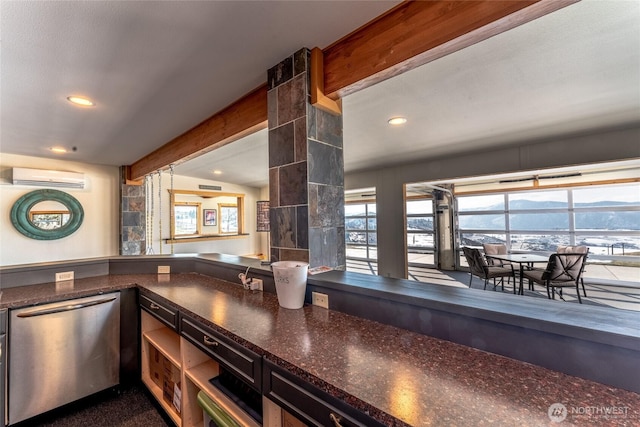 bar with stainless steel dishwasher, recessed lighting, and a wall mounted AC