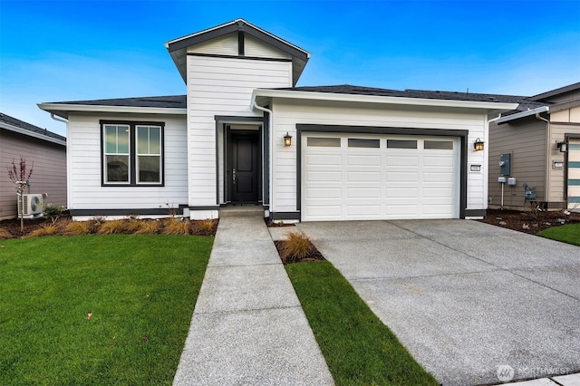 view of front facade featuring roof with shingles, a front yard, ac unit, a garage, and concrete driveway