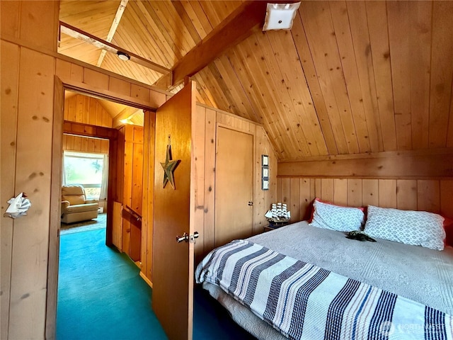 bedroom featuring carpet flooring, wooden walls, vaulted ceiling with beams, and wood ceiling