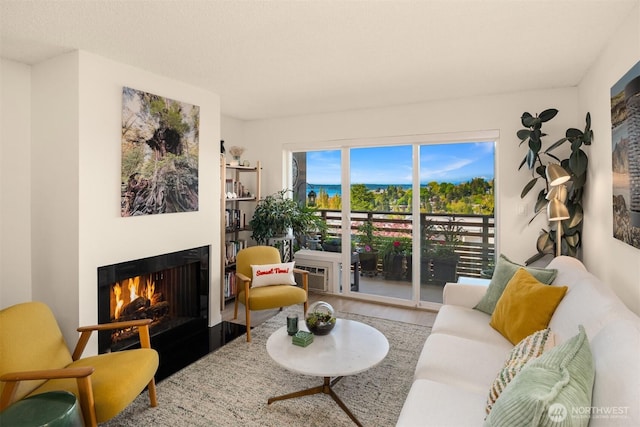 living area featuring wood finished floors and a lit fireplace