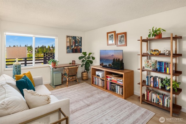 living area with baseboards, a textured ceiling, and wood finished floors