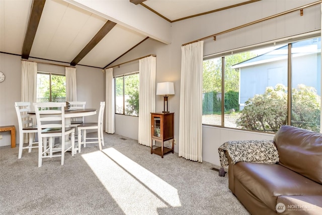 interior space featuring vaulted ceiling with beams