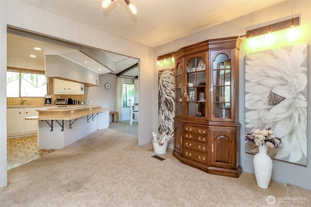 interior space with a toaster, a healthy amount of sunlight, and light carpet