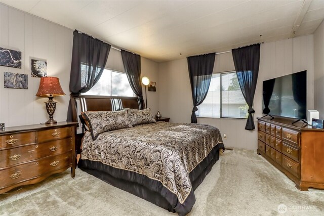 bedroom with light carpet