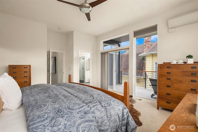 carpeted bedroom featuring access to outside, a ceiling fan, and a wall unit AC