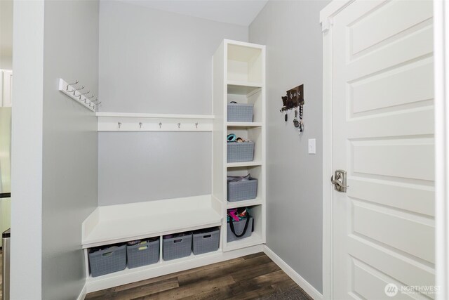 mudroom with baseboards and dark wood-style flooring