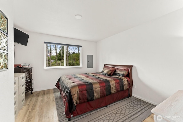 bedroom with wood finished floors and electric panel