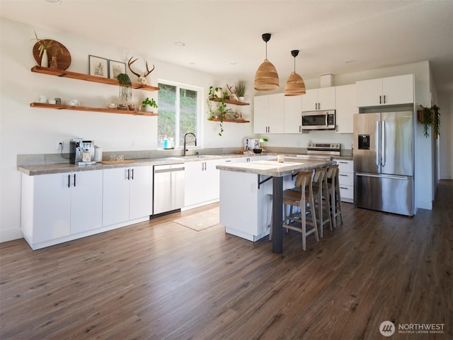 159 Bootjack Ln, Kelso, WA 98626 - kitchen with white cabinets, open shelves, a sink, stainless steel appliances, and dark wood-type flooring
