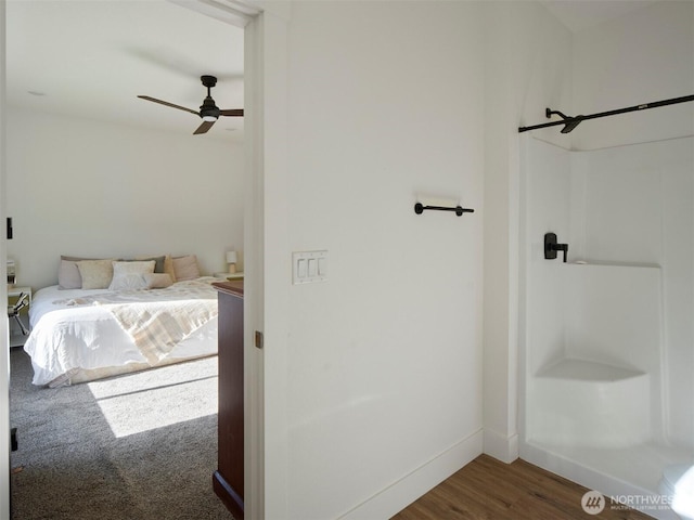 159 Bootjack Ln, Kelso, WA 98626 - full bath featuring walk in shower, baseboards, a ceiling fan, and wood finished floors