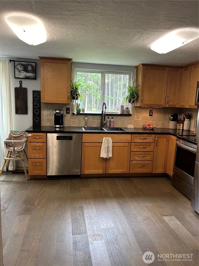 kitchen featuring backsplash, dark countertops, wood finished floors, a sink, and stainless steel appliances