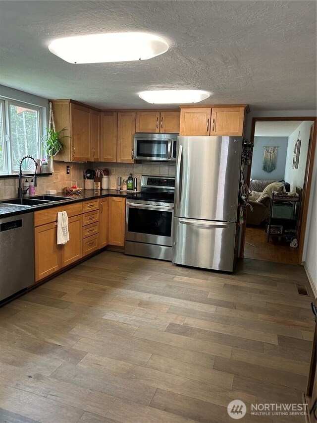 kitchen with a sink, light wood-style flooring, appliances with stainless steel finishes, and backsplash