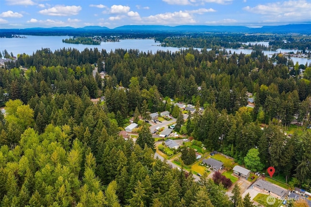 birds eye view of property with a water view and a view of trees