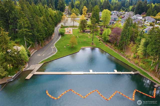 birds eye view of property with a view of trees and a water view