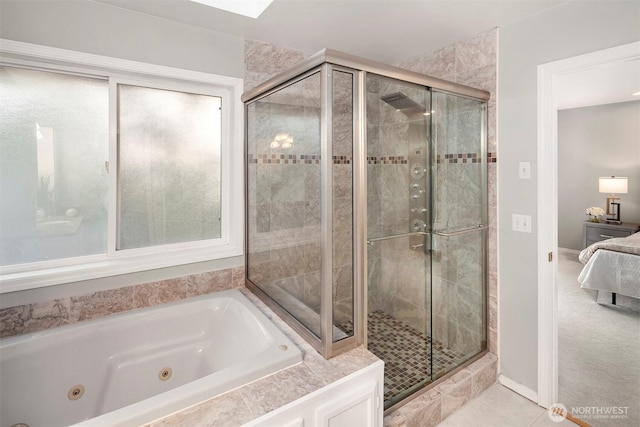 6513 156th Ave SE, Bellevue, WA 98006 - bathroom with baseboards, a whirlpool tub, connected bathroom, tile patterned floors, and a stall shower