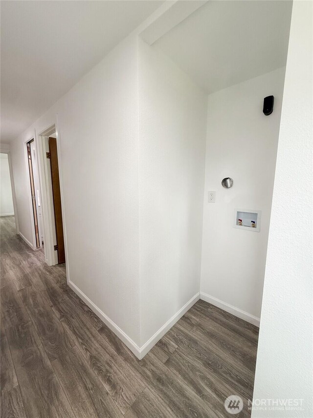 laundry area with baseboards, laundry area, dark wood-style flooring, and hookup for a washing machine
