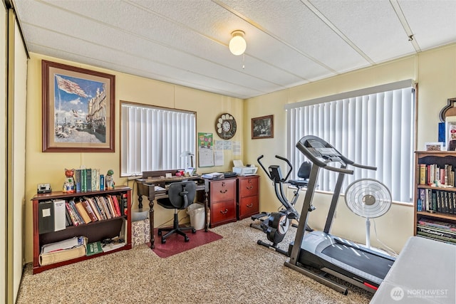 workout room with a textured ceiling and carpet