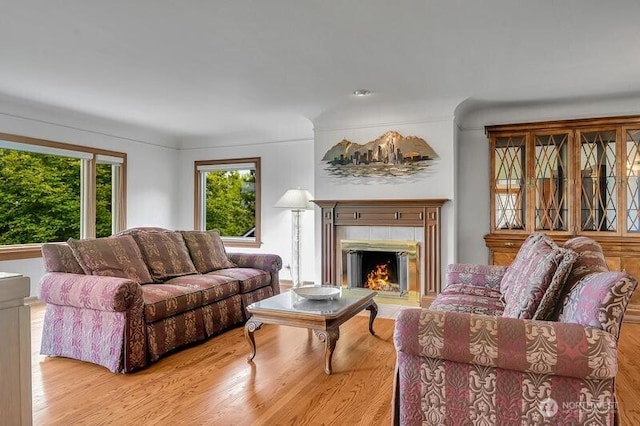 living area with wood finished floors and a tile fireplace