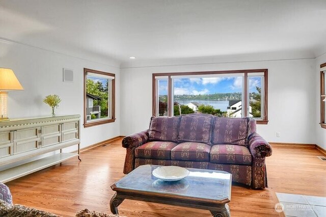 living area featuring baseboards, wood finished floors, and visible vents