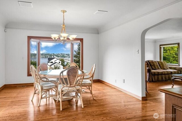 dining room featuring light wood-style floors, arched walkways, plenty of natural light, and a notable chandelier