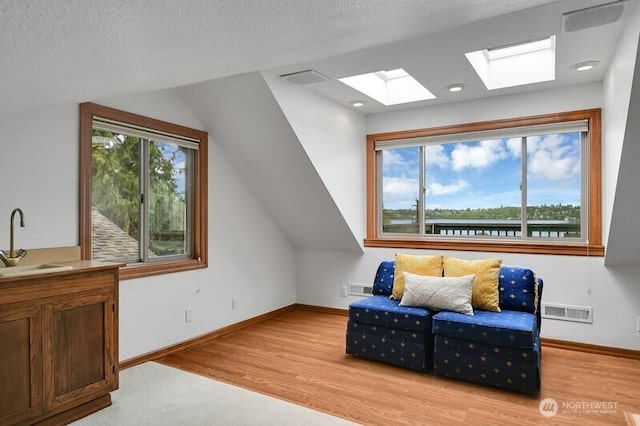 additional living space featuring a sink, light wood-style flooring, baseboards, visible vents, and lofted ceiling with skylight