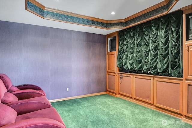 interior space featuring recessed lighting, ornamental molding, baseboards, and light carpet
