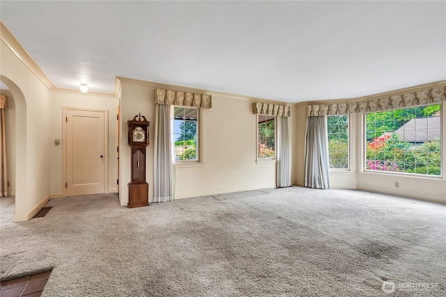 unfurnished living room with carpet floors, arched walkways, crown molding, and a healthy amount of sunlight