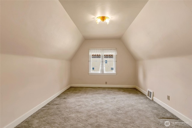 additional living space featuring visible vents, baseboards, carpet, and lofted ceiling