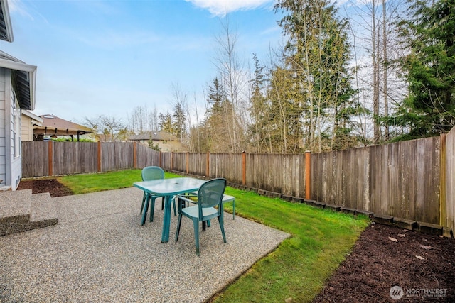 view of yard with outdoor dining area, a fenced backyard, and a patio area