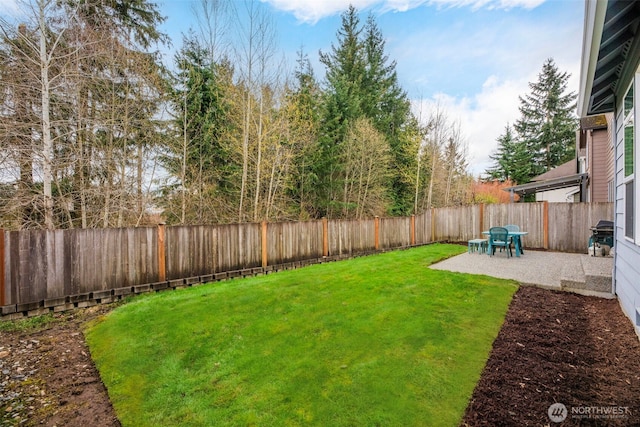 view of yard featuring a fenced backyard and a patio area