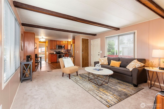 3832 164th St SW Unit 10, Lynnwood, WA 98087 - living area featuring light colored carpet and beamed ceiling
