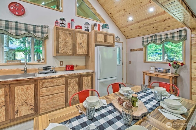 124 Aspen Ln, Packwood, WA 98361 - kitchen featuring light countertops, high vaulted ceiling, a sink, freestanding refrigerator, and recessed lighting