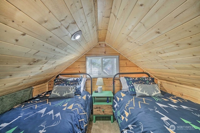 124 Aspen Ln, Packwood, WA 98361 - carpeted bedroom with lofted ceiling, wooden walls, and wooden ceiling