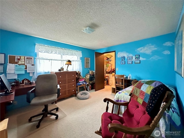 carpeted office with a textured ceiling