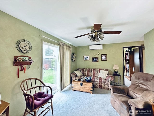 carpeted living area with a wall mounted air conditioner and ceiling fan