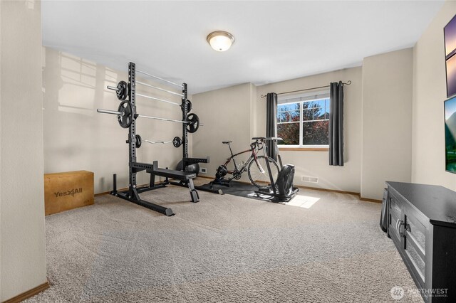 exercise room featuring baseboards, carpet, and visible vents