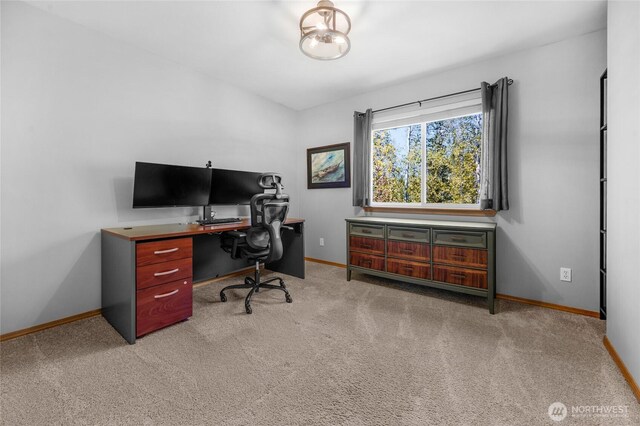 carpeted home office with baseboards