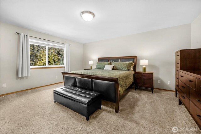 bedroom with baseboards and light colored carpet