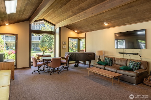 living room featuring baseboards, lofted ceiling with beams, wood ceiling, and carpet flooring