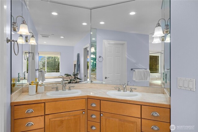 bathroom featuring a sink, double vanity, and visible vents