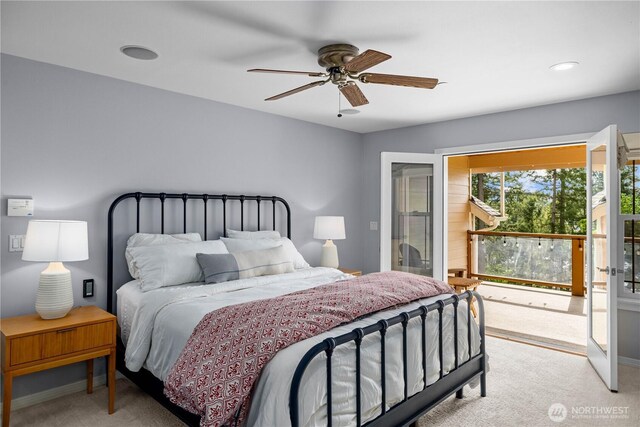 bedroom with access to outside, light carpet, and ceiling fan