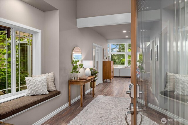 foyer with baseboards, french doors, and wood finished floors