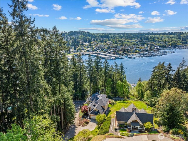 aerial view featuring a water view
