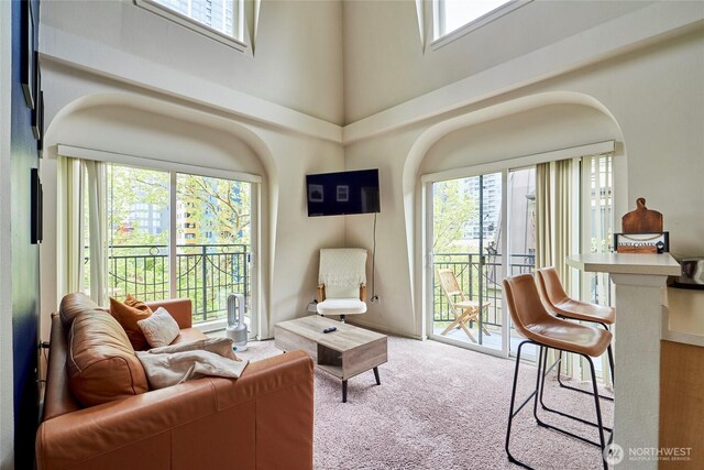 425 Vine St Unit 709, Seattle, WA 98121 - living area featuring a towering ceiling, carpet flooring, and a wealth of natural light