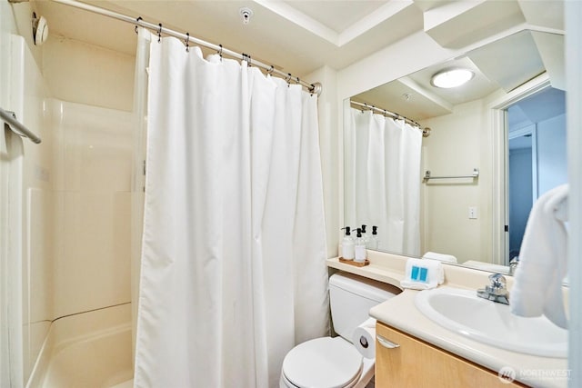 425 Vine St Unit 709, Seattle, WA 98121 - bathroom with vanity, a shower with shower curtain, and toilet