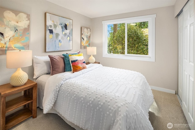 bedroom with carpet floors, a closet, and baseboards